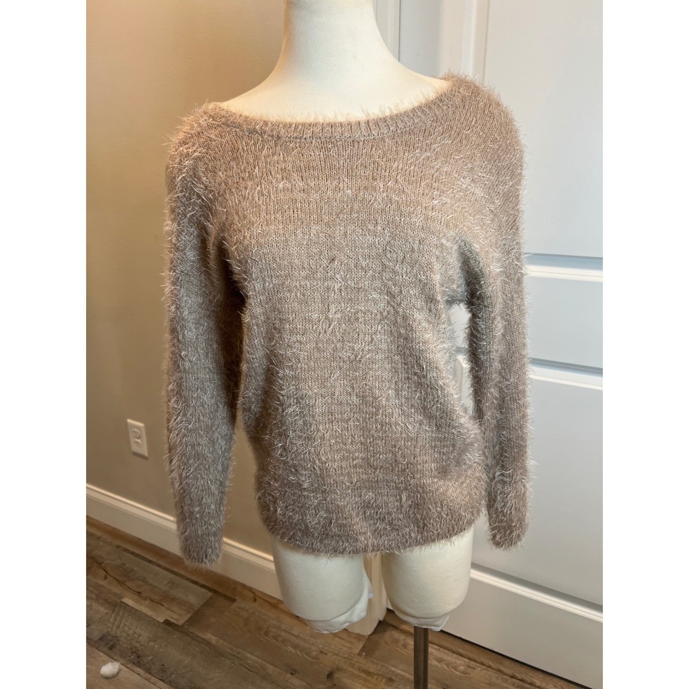 Love Tree Womens Sweater Eyelash Fuzzy Knit Taupe Small